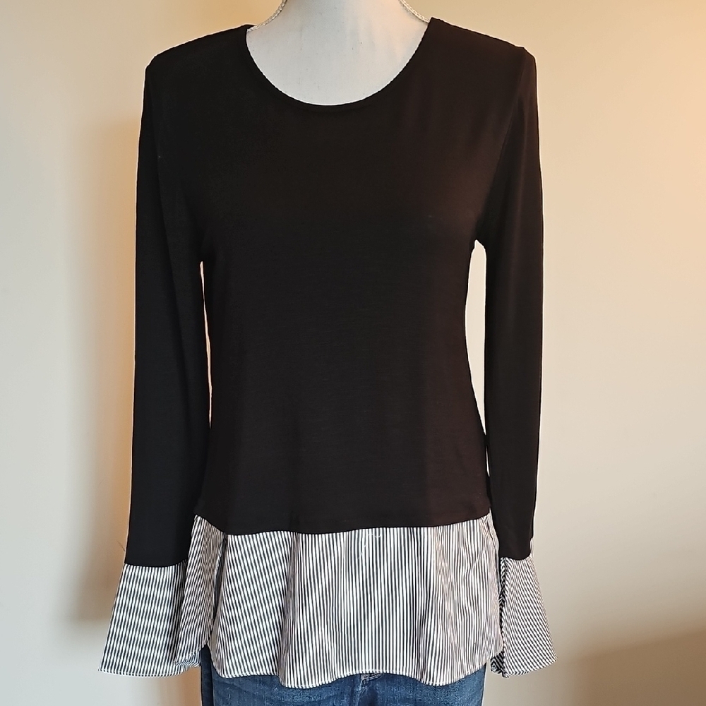 White House Black Market Black Top with Striped Hem - Picture 1 of 9